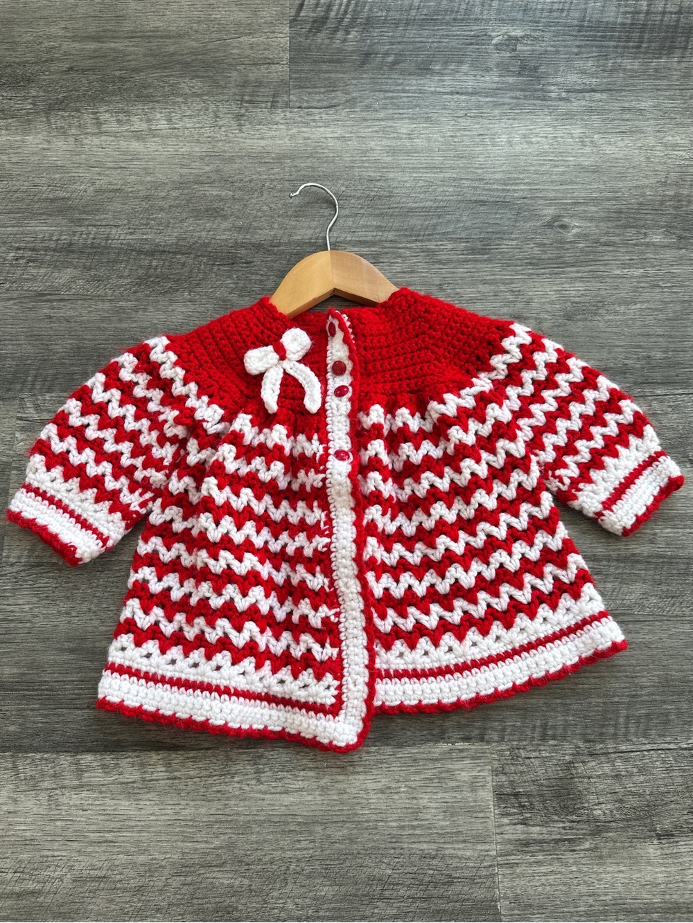 Handmade - Red & White Knit Baby Cardigan - Size 6-12m (Approx)